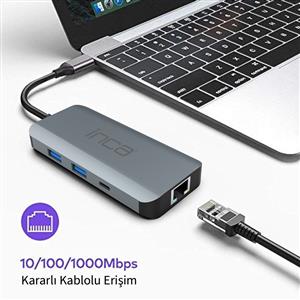 Inca USB-C + HDMI 4K 60HZ+Ethernet RJ45 1000Mbps+2XUSB3.0 +PD100W+SD +TF3.0 Data Çoklayıcı