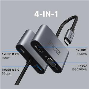 Inca ITPC-06TX Type-C Hub X4 HDMI 4K@30 Hz+ VGA+ USB 3.0+PD 100W Aluminyum Kasa