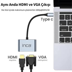 Inca ITPC-06TX Type-C Hub X4 HDMI 4K@30 Hz+ VGA+ USB 3.0+PD 100W Aluminyum Kasa