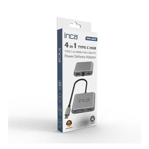 Inca ITPC-06TX Type-C Hub X4 HDMI 4K@30 Hz+ VGA+ USB 3.0+PD 100W Aluminyum Kasa