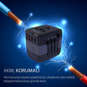Inca Universal TR,UK,AUS,USA,EU Travel Adapter 2XUSB+ 2XType-C Port  45W PD Fast Charging