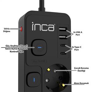 Inca IPW-48SY3 4 Port 2XUSB+ 2XType-C Akım Korumalı Bağımsız Led Tuşlu Priz 3M - Siyah