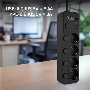 Inca IPW-48SY3 4 Port 2XUSB+ 2XType-C Akım Korumalı Bağımsız Led Tuşlu Priz 3M - Siyah