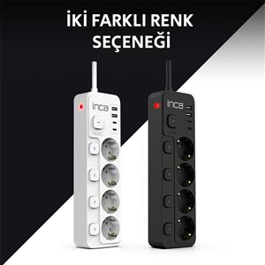 Inca IPW-48BY3 4 Port 2XUSB+ 2XType-C Akım Korumalı Bağımsız Led Tuşlu Priz 3M - Beyaz