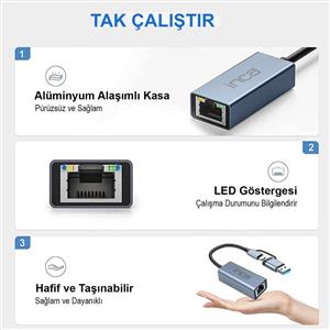 Inca IUTP-01TX USB 3.0 & Type-C 3.1 Ethernet RJ45 1000Mbps  Aluminyum Kasa