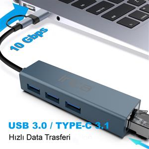 Inca IUTP-03TX USB HubX3 USB 3.0 10 Gbps+Ethernet RJ45 1000Mbps Çoklayıcı Aluminyum Kasa