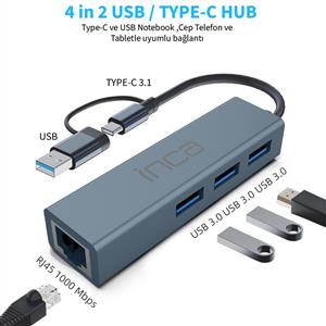 Inca IUTP-03TX USB HubX3 USB 3.0 10 Gbps+Ethernet RJ45 1000Mbps Çoklayıcı Aluminyum Kasa