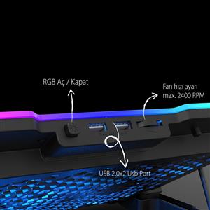 Inca INC-618GMS Empousa 9"-17" RGB Led 6x60 mm 2400RPM 2xUSB Gamıng Notebook Cooler