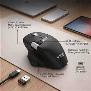 INCA IWM-513RX PAW3311 7D CUSTOM SOFTWARE 12800DPI TRİ MOD SILENT KABLOSUZ MOUSE-SİYAH