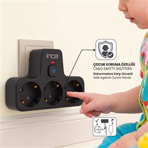 Inca IPW-49S 3 Port Akım Korumalı Led Tuşlu Duvar Priz  - Siyah