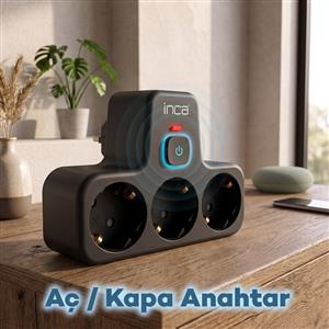 Inca IPW-49S 3 Port Akım Korumalı Led Tuşlu Duvar Priz  - Siyah