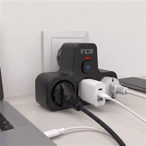 Inca IPW-49S 3 Port Akım Korumalı Led Tuşlu Duvar Priz  - Siyah