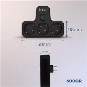 Inca IPW-49S 3 Port Akım Korumalı Led Tuşlu Duvar Priz  - Siyah