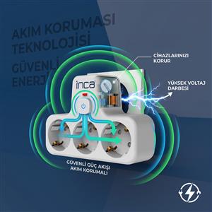Inca IPW-49B 3 Port Akım Korumalı Led Tuşlu Duvar Priz  - Beyaz