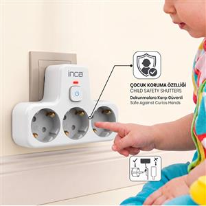 Inca IPW-49B 3 Port Akım Korumalı Led Tuşlu Duvar Priz  - Beyaz