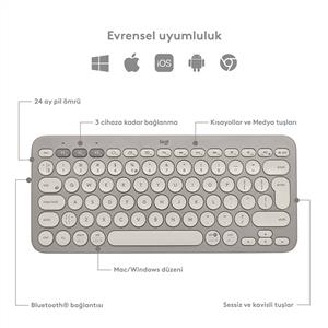Logitech K380 Kompakt Kablosuz Bluetooth Türkçe Q Klavye - Bej