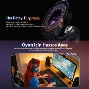 Qcy HeroaD V200 RGB 7.1 (BT, 2.4Ghz, Type-C) Kablosuz Gaming Oyuncu Kulaklığı - Siyah