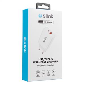 S-LİNK SL-EC60 20W PD 3.0 HIZLI ŞARJ TYPE C + USB A HIZLI BEYAZ EV ŞARJ ADAPTÖR