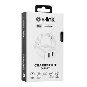 S-link SL-EC50L 5V 2400MA Lightning Kablolu 2 USB Çıkışlı Beyaz Ev Şarj Adaptörü