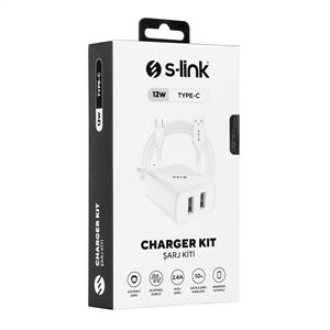 S-link SL-EC50T 5V 2400MA Type-C Kablolu 2 USB Çıkışlı Beyaz Ev Şarj Adaptörü