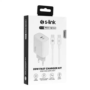 S-link SL-EC62TP Type-C 20W PD3.0 Hızlı Şarj QC4.0 Kablo + Ev Şarj Adaptörü