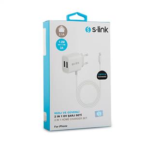 S-link IP-250 5V 2.1A 2 Usb iPhone Lightning Kablolu Ev Şarj Cihazı