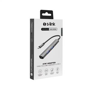 S-link SWV-USBC024 4 in 1 Gri Metal TypeC to 2*USB2.0 USB-C, 3.5mm Aux Port Type C Adaptör