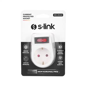 S-link SL-05P 16A 250V 350 Joule Anahtarlı Akım Korumalı Priz