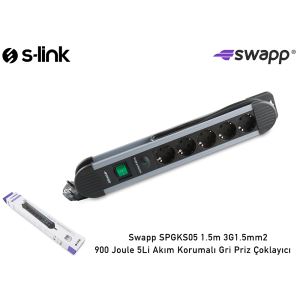 S-LINK SWAPP SPGKS05 5 Lİ AKIM KORUMALI PRİZ ÇOKLAYICI 900JOULE 1.5M- (GRİ)
