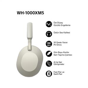 Sony WH-1000XM5 Gürültü Engelleme Özellikli Kablosuz Kulak Üstü Kulaklık - Gümüş