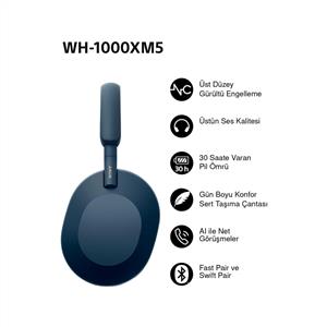 Sony WH-1000XM5 Gürültü Engelleme Özellikli Kablosuz Kulak Üstü Kulaklık - Mavi