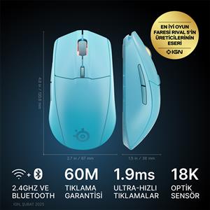 STEELSERIES RIVAL 3 GEN 2  BLUETOOTH VE WIRELESS GAMING MOUSE-AQUA