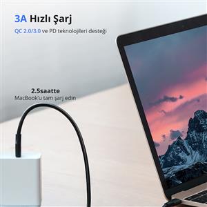 UGREEN USB-C 60W 3A QC PD Hızlı Şarj Kablosu, 2 Metre - Siyah
