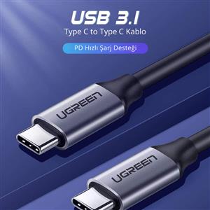 UGREEN USB-C 60W Thunderbolt USB3.1 GEN1 3A QC PD Hızlı Şarj Kablosu, 1.5m - Siyah
