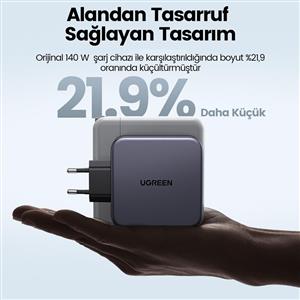 UGREEN Nexode 140W GaN Hızlı Şarj Cihazı 2xUSB-C, 1xUSB-A QC 4.0 PD 3.1 - Uzay Gri