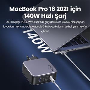 UGREEN Nexode 140W GaN Hızlı Şarj Cihazı 2xUSB-C, 1xUSB-A QC 4.0 PD 3.1 - Uzay Gri