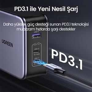 UGREEN Nexode 140W GaN Hızlı Şarj Cihazı 2xUSB-C, 1xUSB-A QC 4.0 PD 3.1 - Uzay Gri