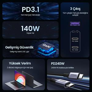 UGREEN Nexode 140W GaN Hızlı Şarj Cihazı 2xUSB-C, 1xUSB-A QC 4.0 PD 3.1 - Uzay Gri