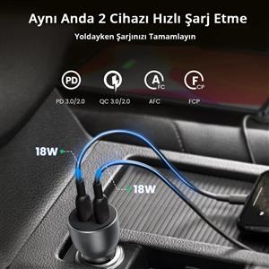 UGREEN 36w PD Hızlı Araç İçi Şarj Cihazı Çakmaklık Adaptörü 2xUSB-C - Uzay Grisi