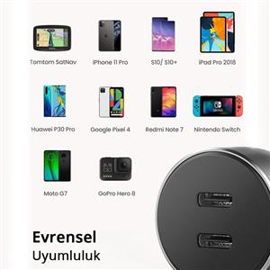 UGREEN 36w PD Hızlı Araç İçi Şarj Cihazı Çakmaklık Adaptörü 2xUSB-C - Uzay Grisi