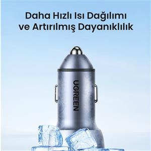 UGREEN 50W PD Hızlı Araç İçi Şarj Cihazı Çakmaklık Adaptörü 2xUSB-C - Uzay Grisi