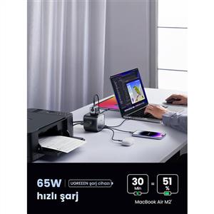 UGREEN DigiNest Cube 65W GaN 2 Hızlı Şarj Cihazı Ve 3 lü Akım Korumalı Priz - Siyah