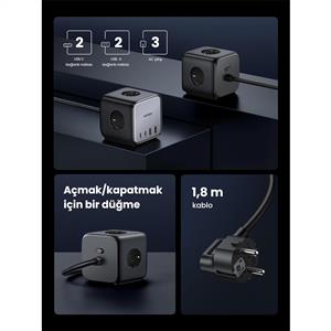UGREEN DigiNest Cube 65W GaN 2 Hızlı Şarj Cihazı Ve 3 lü Akım Korumalı Priz - Siyah