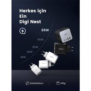UGREEN DigiNest Cube 65W GaN 2 Hızlı Şarj Cihazı Ve 3 lü Akım Korumalı Priz - Siyah