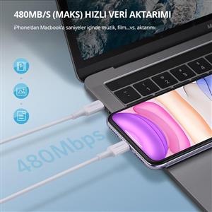 UGREEN Type-C to Lightning 3A PD MFi Sertifikalı Hızlı Şarj Kablosu, 2m - Beyaz