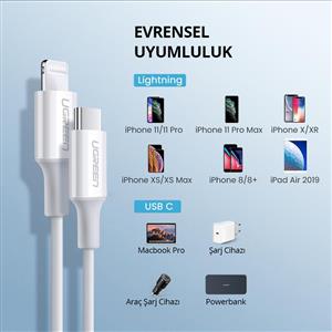 UGREEN Type-C to Lightning 3A PD MFi Sertifikalı Hızlı Şarj Kablosu, 2m - Beyaz