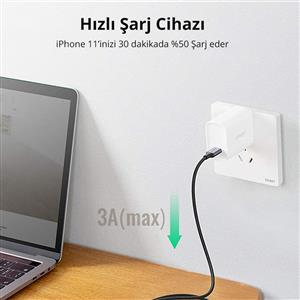 UGREEN Type-C to Lightning 3A PD MFi Sertifikalı Örgülü Hızlı Şarj Kablosu, 2m - Siyah