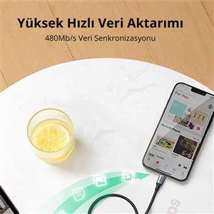 UGREEN Type-C to Lightning 3A PD MFi Sertifikalı Örgülü Hızlı Şarj Kablosu, 2m - Siyah