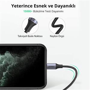 UGREEN Type-C to Lightning 3A PD MFi Sertifikalı Örgülü Hızlı Şarj Kablosu, 2m - Siyah