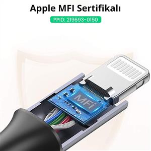 UGREEN Type-C to Lightning 3A PD MFi Sertifikalı Örgülü Hızlı Şarj Kablosu, 2m - Siyah